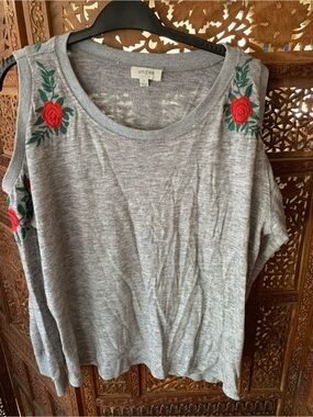 Umgee Gray Cold-Shoulder Shirt with Red Rose Embroideries